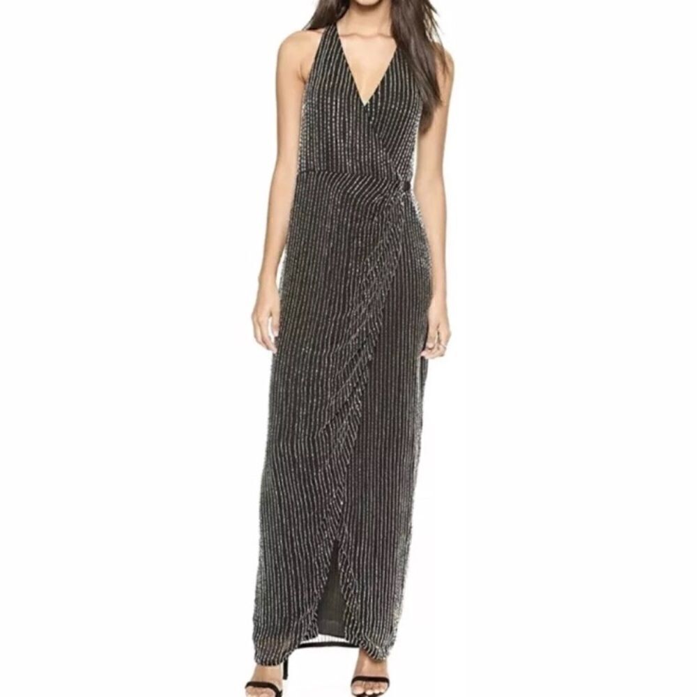 NWT Parker Theron Liquid Silver Beaded Dress 0 New with Tags Black Vneck Split